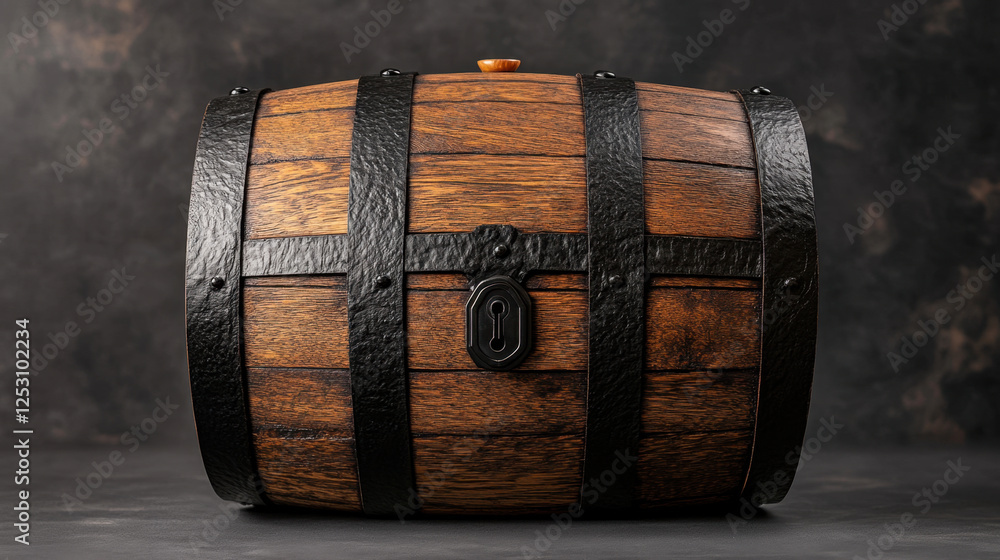 bulging wooden beer barrel chest with authentic cooper craftsmanship, featuring dark wood and metal accents, perfect for rustic decor or storage