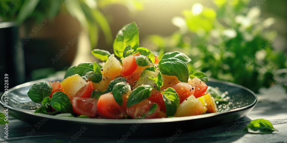 A vibrant salad with fresh tomatoes, basil leaves and a drizzle of olive oil. A vibrant salad with fresh tomatoes, basil leaves and a drizzle of olive oil.