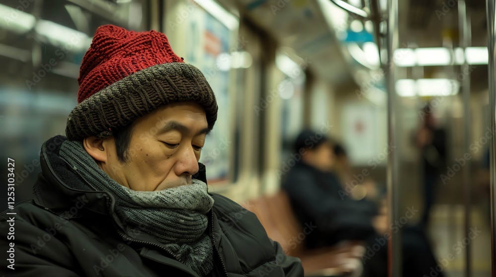 A pensive man in a warm hat and scarf, quietly rides a su A pensive man in a warm hat and scarf, quietly rides a su