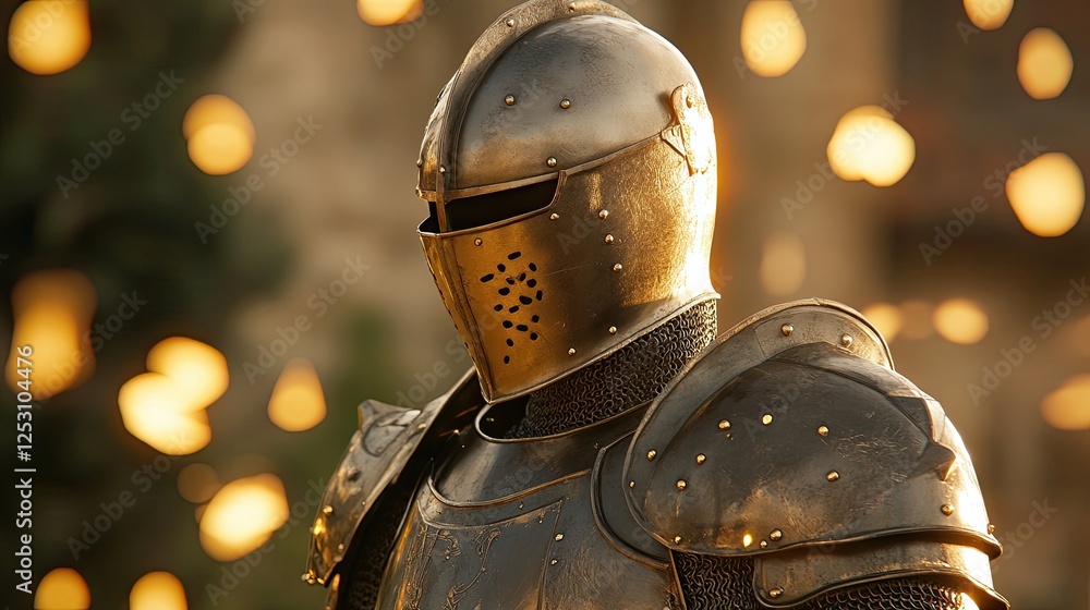 Fototapeta premium A detailed view of a knight in shining armor displaying a heraldic crest