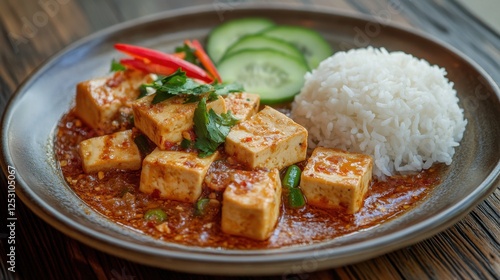 A deliciously spicy Pad Kra Pao tofu dish, plated with precision on a rustic wooden table, accompanied by steamed rice and a side of cucumber slices.