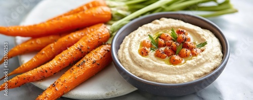 Plant based cuisine vegetarian fusion concept. Middle Eastern-inspired za'atar roasted carrots with creamy hummus dip photo