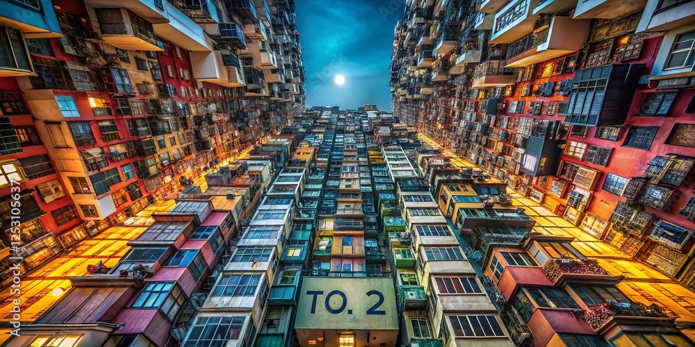 Obraz premium Overabundance: Architectural Chaos, Modern Building Overload, Concrete Jungle, Urban Density, Excessive Construction