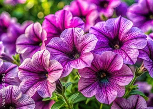 Vivid documentary photography captures the vibrant beauty of purple petunia blooms.