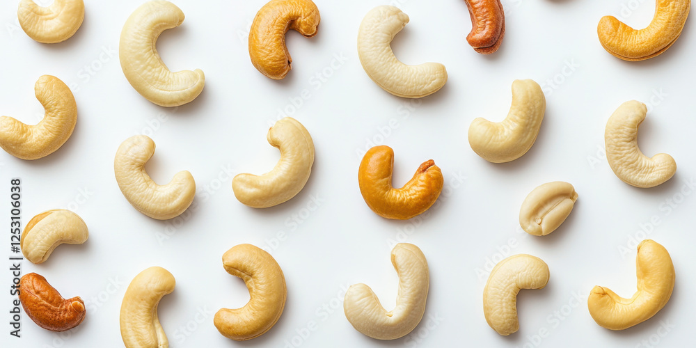 Cashews scattered on white background, showcasing various colors and shapes, creating visually appealing pattern. Perfect for healthy snacking or culinary use Cashews scattered on white background, showcasing various colors and shapes, creating visually appealing pattern. Perfect for healthy snacking or culinary use
