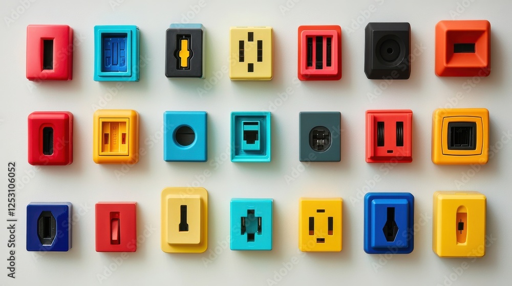 A display of assorted electrical plugs and sockets in vibrant colors, laid out on a neutral background for a high-contrast, eye-catching composition. A display of assorted electrical plugs and sockets in vibrant colors, laid out on a neutral background for a high-contrast, eye-catching composition.