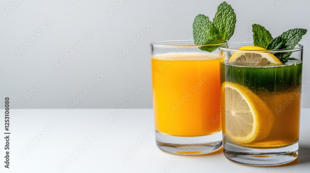 Two vibrant juice glasses adorned with citrus and mint sit invitingly on a minimalist white surface exuding freshness and health. Two vibrant juice glasses adorned with citrus and mint sit invitingly on a minimalist white surface exuding freshness and health.