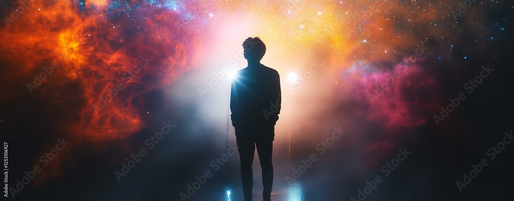 Double Exposure A silhouette of a person against a colorful cosmic background, evoking mystery and wonder. Double Exposure A silhouette of a person against a colorful cosmic background, evoking mystery and wonder.