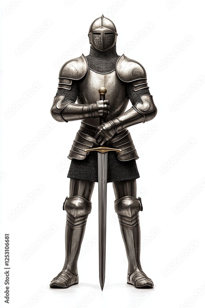 An isolated medieval knight wearing a helmet and holding a sword and shield, with a transparent background An isolated medieval knight wearing a helmet and holding a sword and shield, with a transparent background