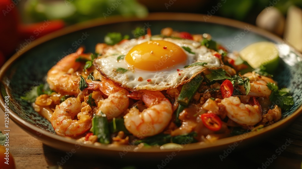 A luxurious presentation of Pad Kra Pao with seafood, served on a modern ceramic plate, topped with a sunny-side-up egg and surrounded by vibrant garnish. A luxurious presentation of Pad Kra Pao with seafood, served on a modern ceramic plate, topped with a sunny-side-up egg and surrounded by vibrant garnish.