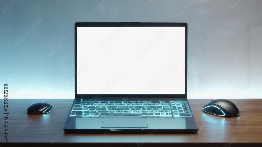 Fototapeta premium A modern laptop with a blank screen on a wooden desk surrounded by tech accessories like a mouse and keyboard.