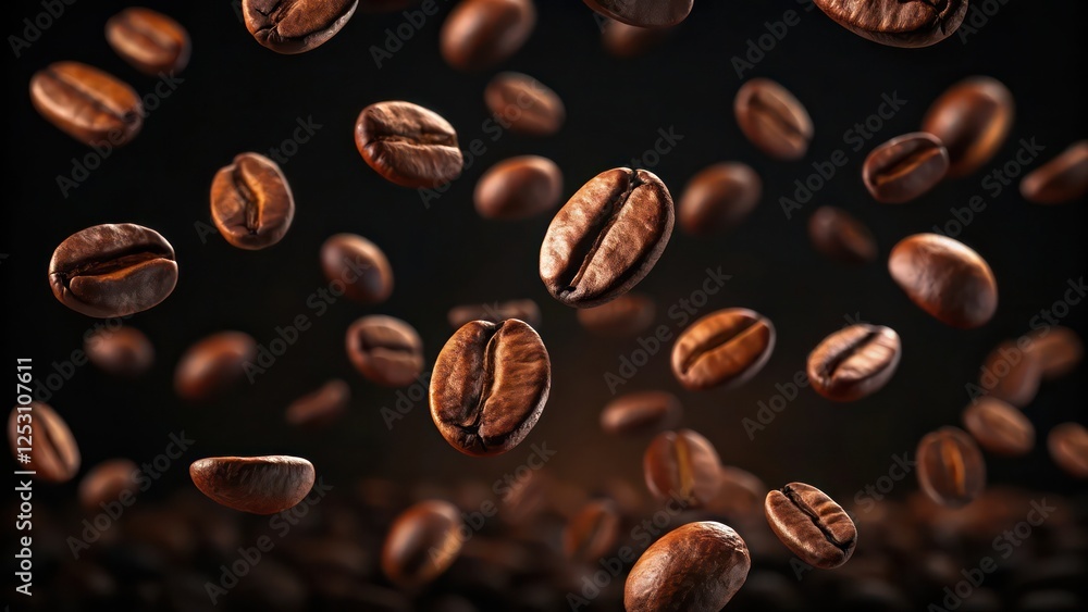 Fototapeta premium Close-Up of Coffee Beans Floating in Air on a Dark Wallpaper Background
