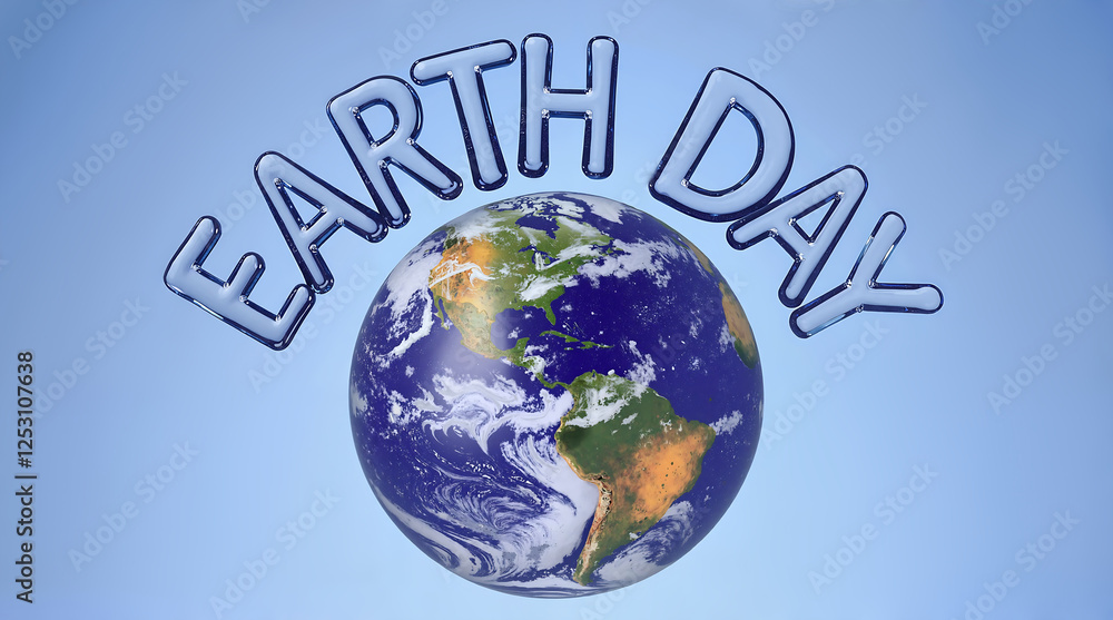 Glass Earth Day text with globe planet Earth on blue background Glass Earth Day text with globe planet Earth on blue background