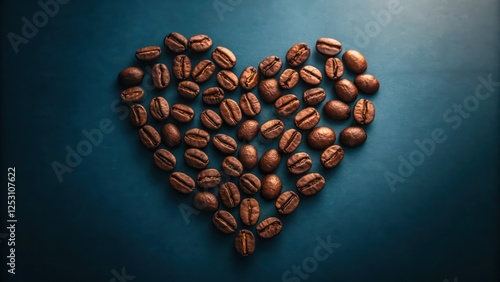 Coffee Beans Shaped into a Heart on Blue Background