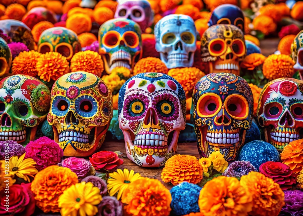 Panoramic Day of the Dead Sugar Skull Fiesta: Vibrant Colorful Celebration Panoramic Day of the Dead Sugar Skull Fiesta: Vibrant Colorful Celebration