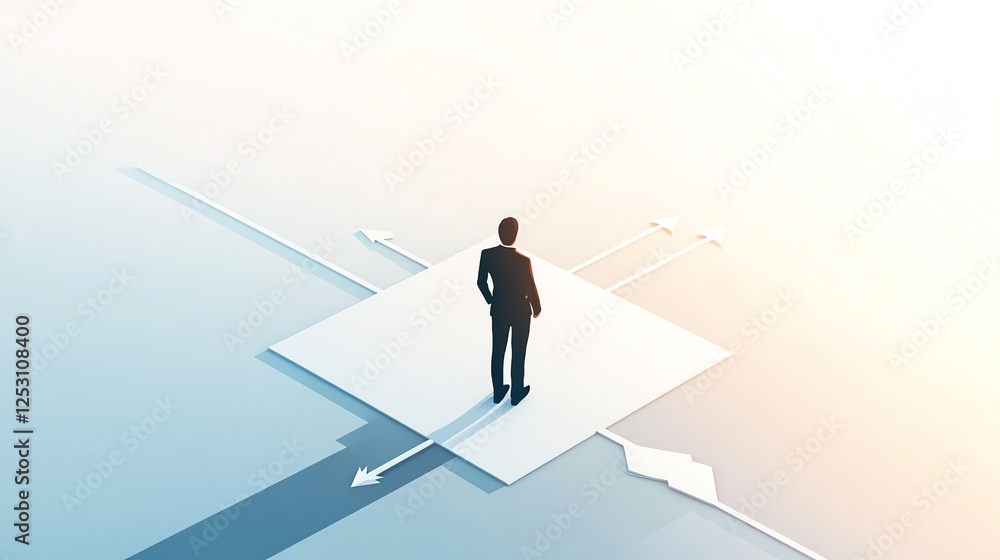 Obraz premium Business decision concept with person standing on intersection of paths, looking forward.