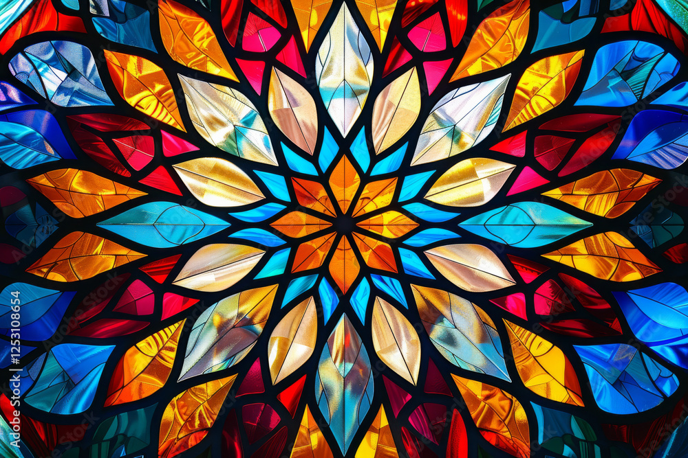 Vibrant and colorful stained glass design featuring intricate patterns and a symmetrical floral motif in a kaleidoscope effect. Vibrant and colorful stained glass design featuring intricate patterns and a symmetrical floral motif in a kaleidoscope effect.