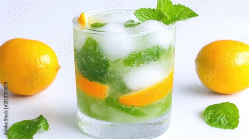 Refreshing Iced Cocktail with Lemon and Mint photo