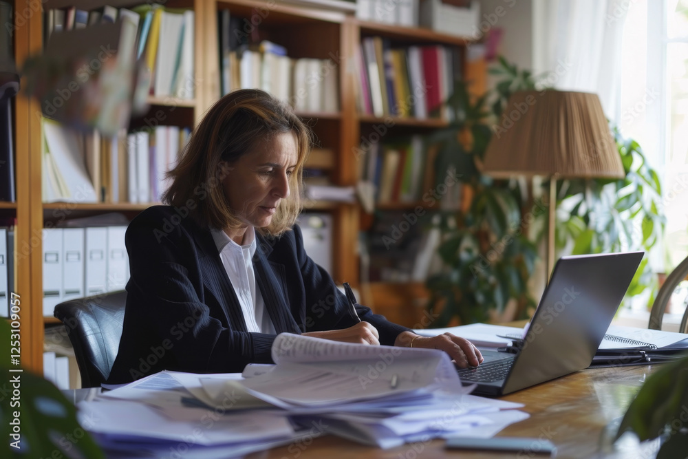 Woman working on laptop and analyzing documents at home office, illustrating remote work and productivity. Woman working on laptop and analyzing documents at home office, illustrating remote work and productivity.