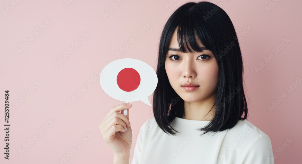 Young woman holding a speech bubble with Japan's flag against a soft pink background Young woman holding a speech bubble with Japan's flag against a soft pink background