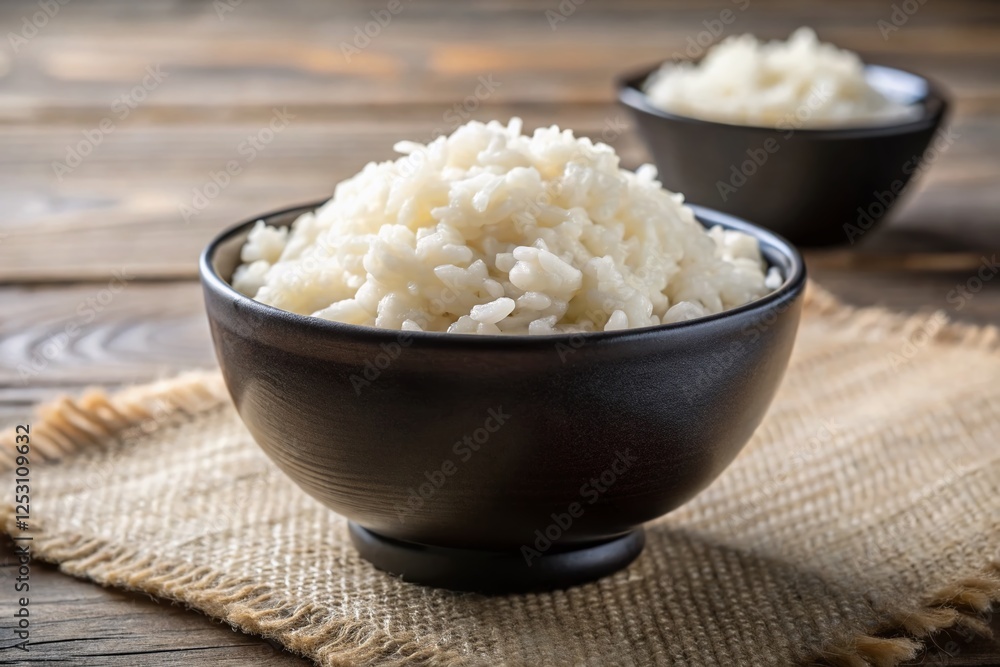 Creamy Rice Porridge in Black Bowl - Simple White Background Stock Photo Creamy Rice Porridge in Black Bowl - Simple White Background Stock Photo