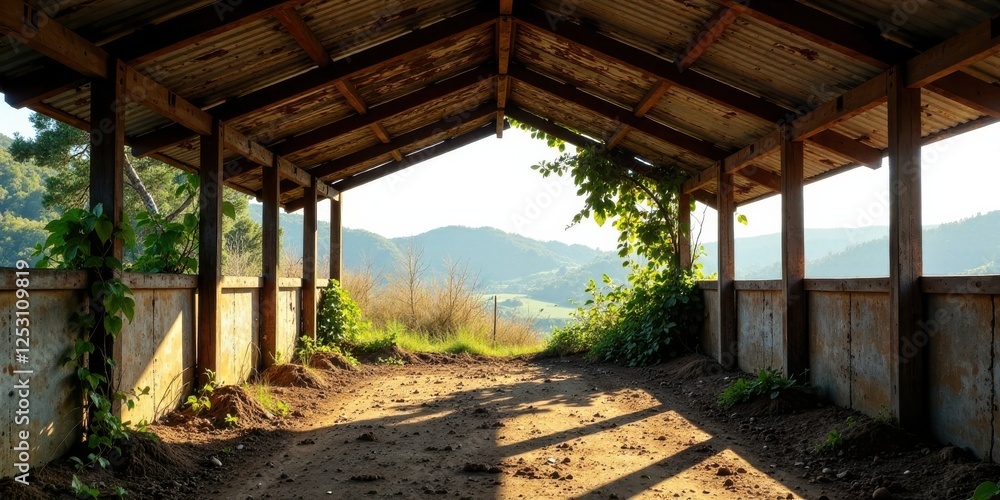 Rustic shelter offering a panoramic view of tranquil hills, bathed in the golden light of sunset, showcasing nature's serene beauty. Rustic shelter offering a panoramic view of tranquil hills, bathed in the golden light of sunset, showcasing nature's serene beauty.