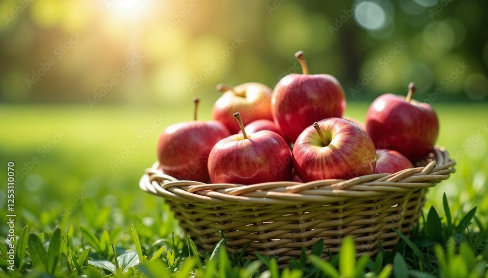 Fresh red apples in a wicker basket on a grassy field with sunlight Fresh red apples in a wicker basket on a grassy field with sunlight