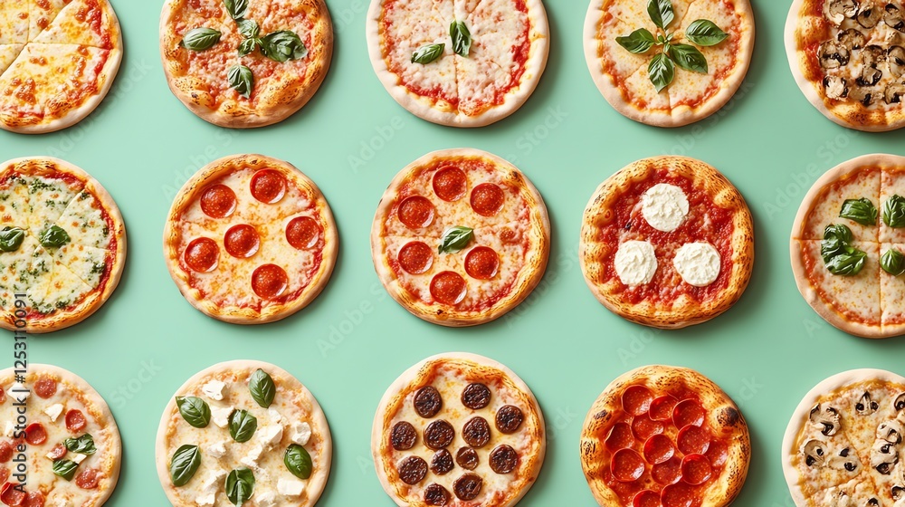 A vibrant array of delicious pizzas, showcasing diverse toppings. A vibrant array of delicious pizzas, showcasing diverse toppings.