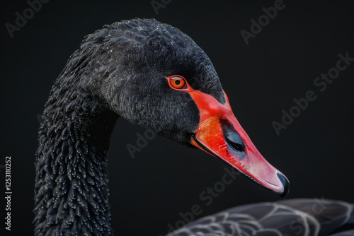 Close-up portrait of a black swan with striking red eyes and vibrant orange beak against a dark background.