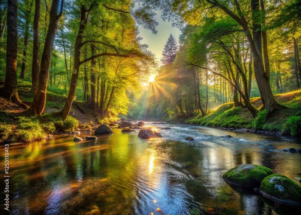 Panoramic River Landscape: Sunlit Trees & Tranquil Waters - High-Resolution Stock Photo Panoramic River Landscape: Sunlit Trees & Tranquil Waters - High-Resolution Stock Photo