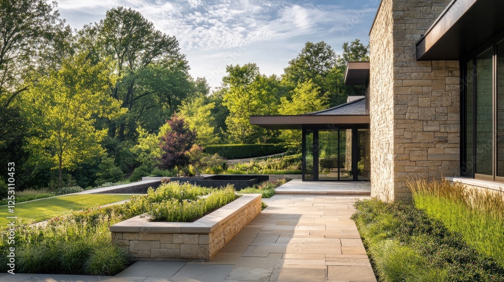 Fototapeta premium Modern Stone House with Lush Landscaping and Serene Garden