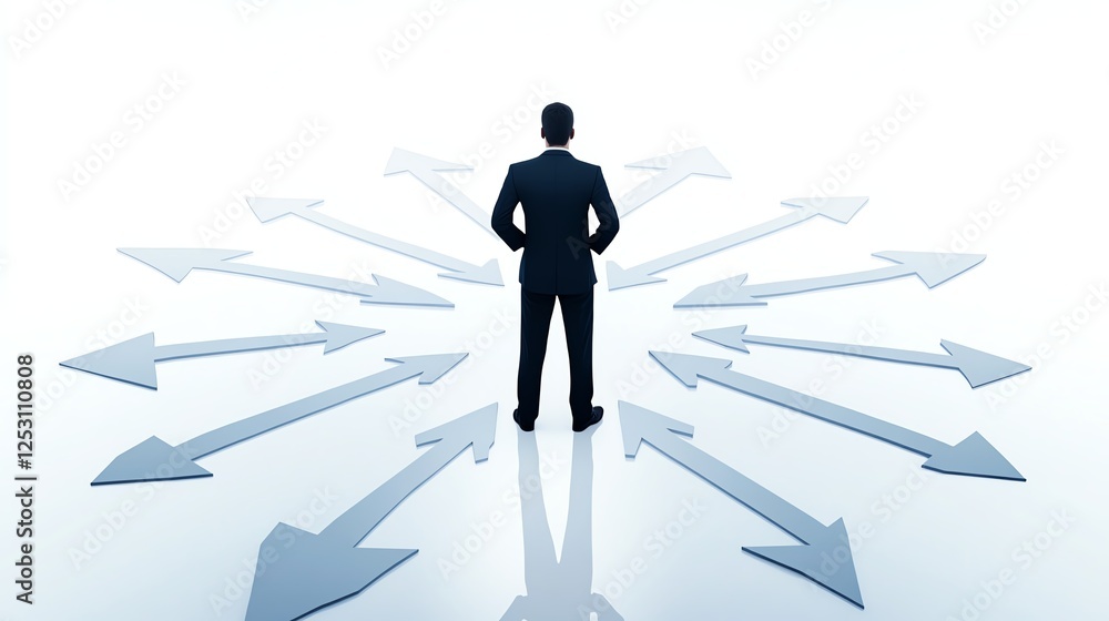 Businessman stands amongst multiple arrows, symbolizing choices and directions. Businessman stands amongst multiple arrows, symbolizing choices and directions.