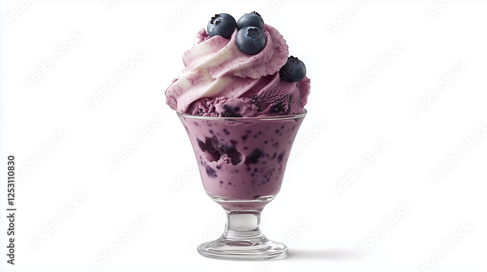 Blueberry ice cream topped with fresh blueberries and whipped cream, served in a clear glass sundae. Blueberry ice cream topped with fresh blueberries and whipped cream, served in a clear glass sundae.