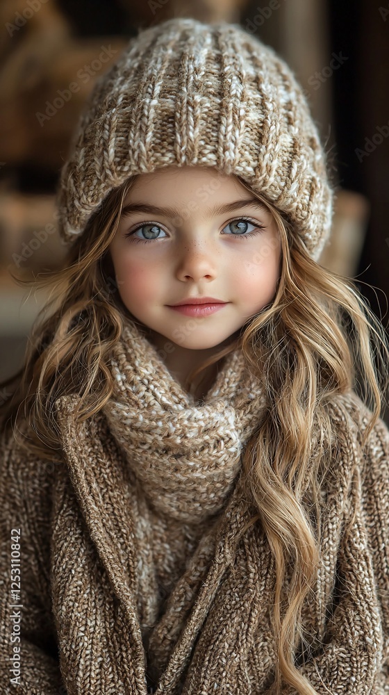 Adorable girl in knitted hat and scarf. Adorable girl in knitted hat and scarf.