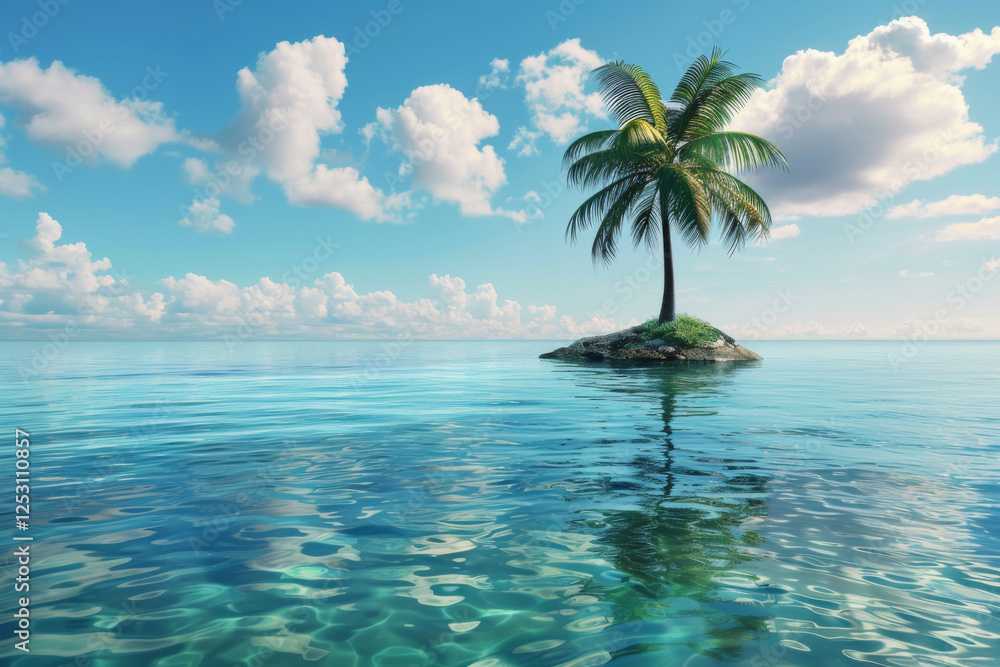 A solitary palm tree stands on a small island amidst a calm ocean under a beautiful sunrise sky. A solitary palm tree stands on a small island amidst a calm ocean under a beautiful sunrise sky.