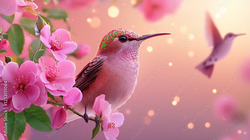 Fototapeta premium Pixel Art Hummingbird on Pink Blossoms