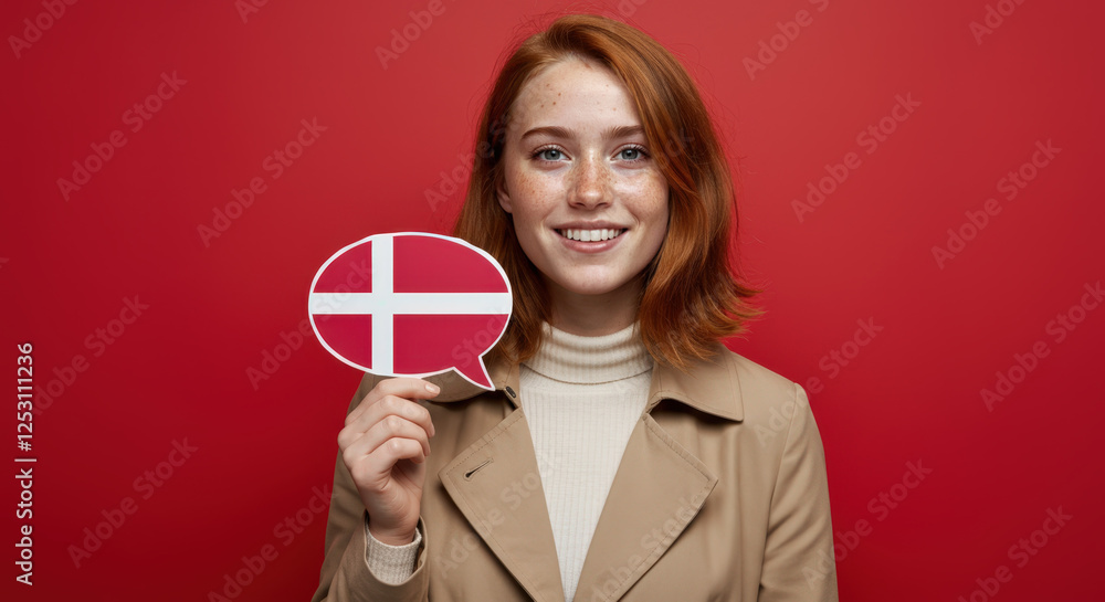 Smiling woman holding a speech bubble with Denmark flag against a vibrant red background Smiling woman holding a speech bubble with Denmark flag against a vibrant red background