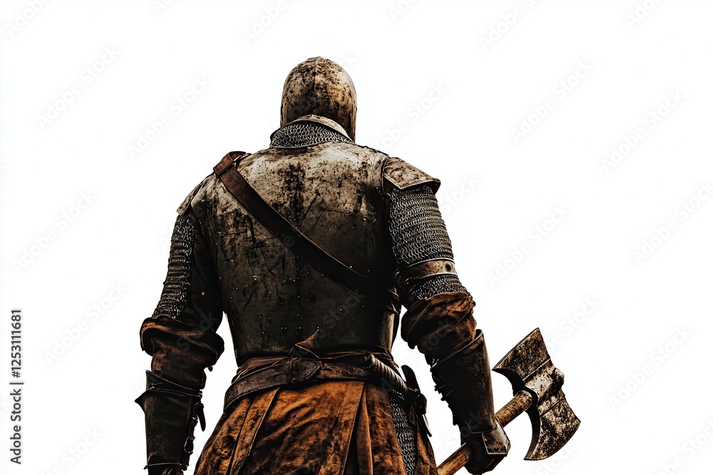 Fototapeta premium Backlit portrait of a daring medieval knight, depicted in costume and isolated against a white background, captured from behind