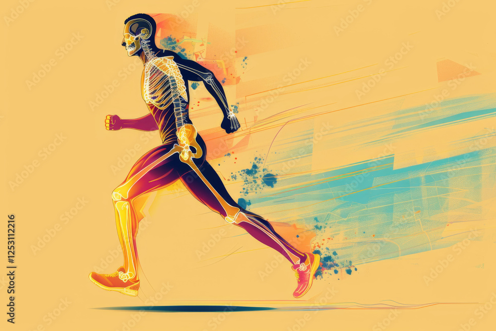 Obraz premium Dynamic illustration of a runner with visible anatomy and skeletal structure, set against a vibrant background.