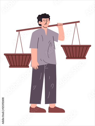 Poor man carrying baskets sad hopeless look hungry abandon male character tatters clothes homeless humanity care unemployment icon colorful design