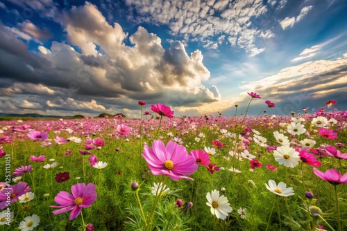 Panoramic View of Cosmos Flowers in a Grassy Field Under a Dramatic Sky