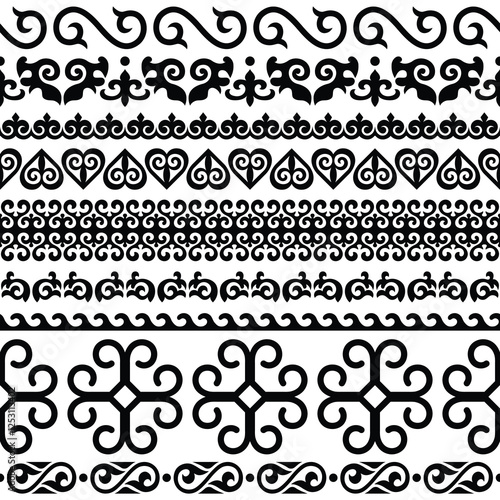 Ethnic background on the theme of Altai national ornament, seamless border set, vector design