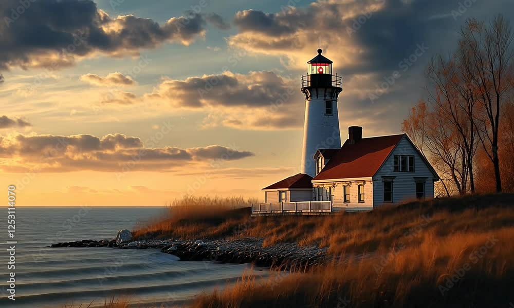Serene sunset at a coastal lighthouse with gentle waves and vibrant clouds in the background Serene sunset at a coastal lighthouse with gentle waves and vibrant clouds in the background