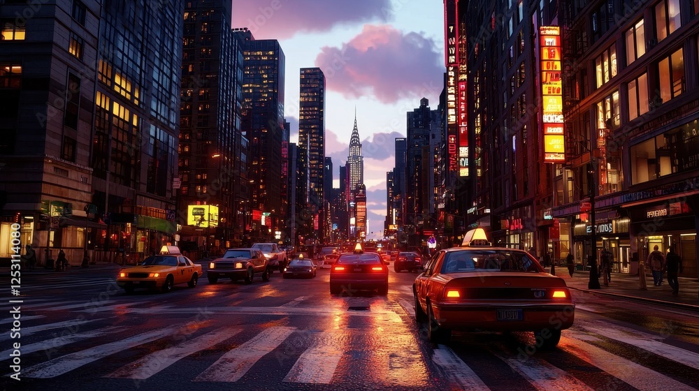 Fototapeta premium Vibrant Cityscape at Dusk with Yellow Taxis and Skyscrapers