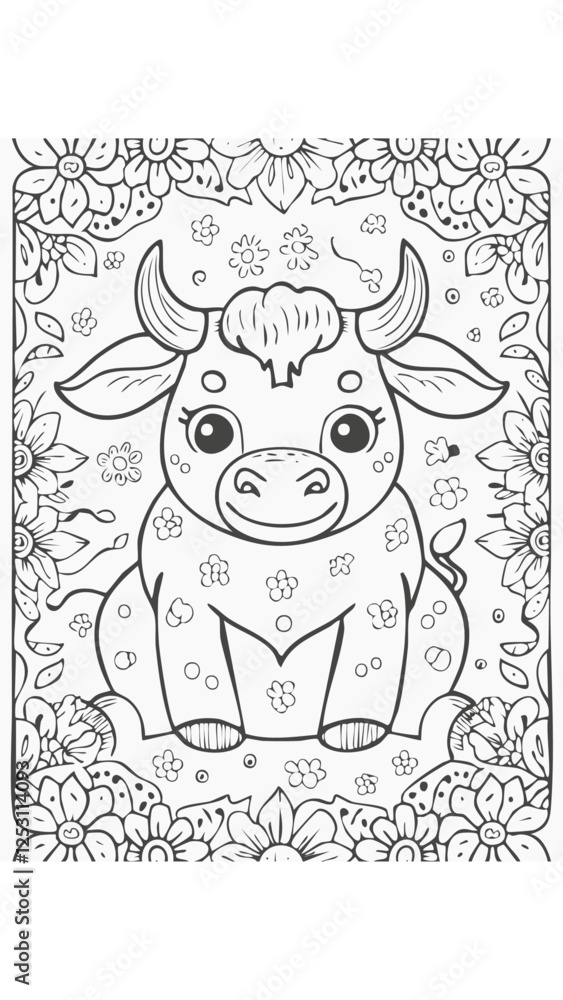 Fototapeta premium Cute Bull Buffalo Mammal Coloring Kid Book Page in Black and White. Monochrome and Colored Samples 
