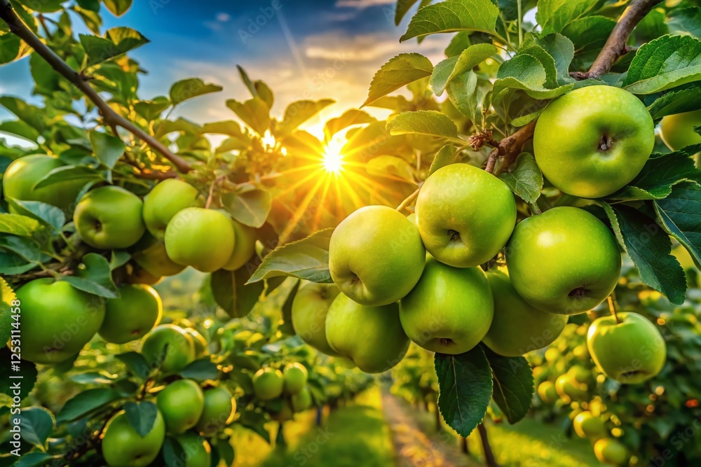 Panoramic View of Lush Green Apples Orchard at Sunset Panoramic View of Lush Green Apples Orchard at Sunset