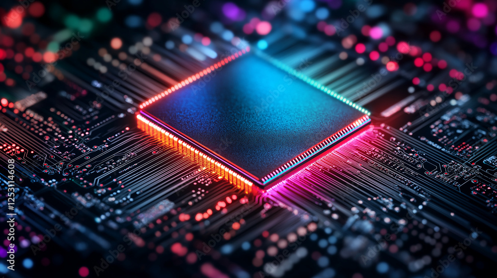 Obraz premium Cybernetic Glow: A close-up shot of a powerful CPU, glows with vibrant, neon colors, symbolizing the heart of modern technology and the intricate circuitry that powers our digital world. 