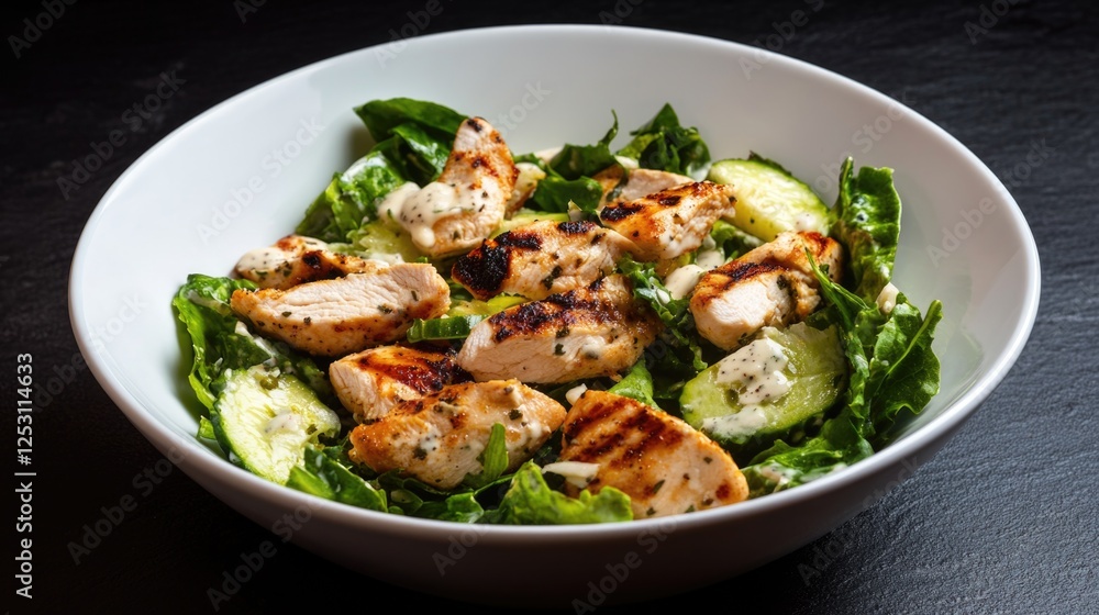 Grilled chicken and romaine lettuce Caesar salad with creamy dressing, cooked and ready to serve. Grilled chicken and romaine lettuce Caesar salad with creamy dressing, cooked and ready to serve.
