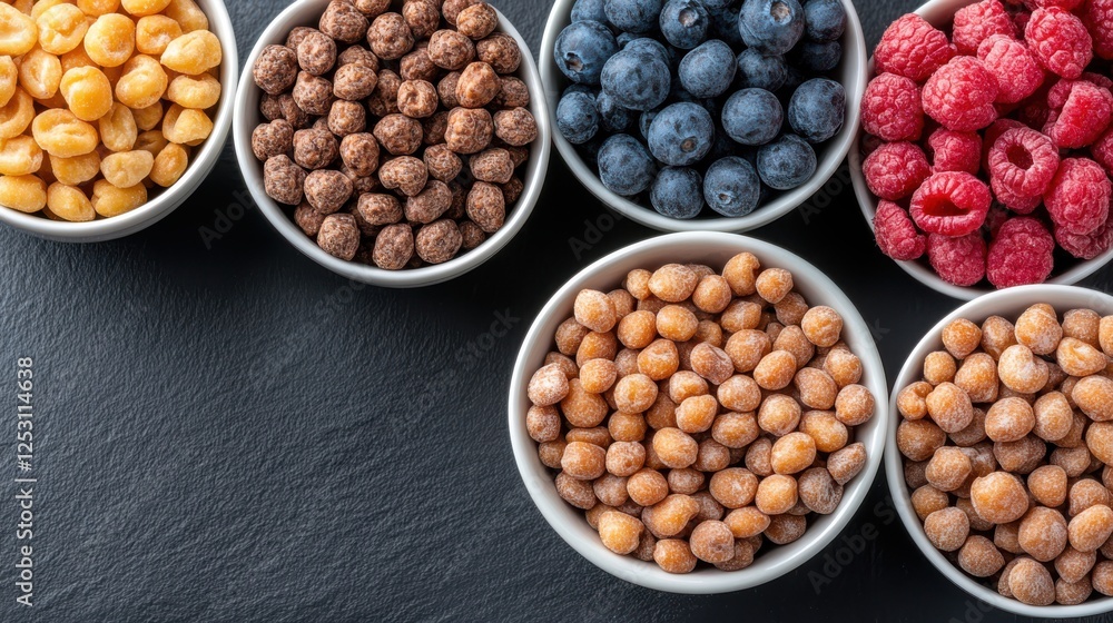 A top-down view of vibrant bowls filled with assorted cereals and berries, arranged artfully on a dark background, highlighting their natural colors. A top-down view of vibrant bowls filled with assorted cereals and berries, arranged artfully on a dark background, highlighting their natural colors.