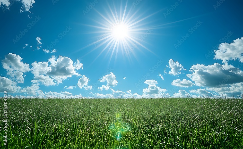 Obraz premium Beautiful Green Field Under a Bright Blue Sky with Clouds – Nature Landscape Photography